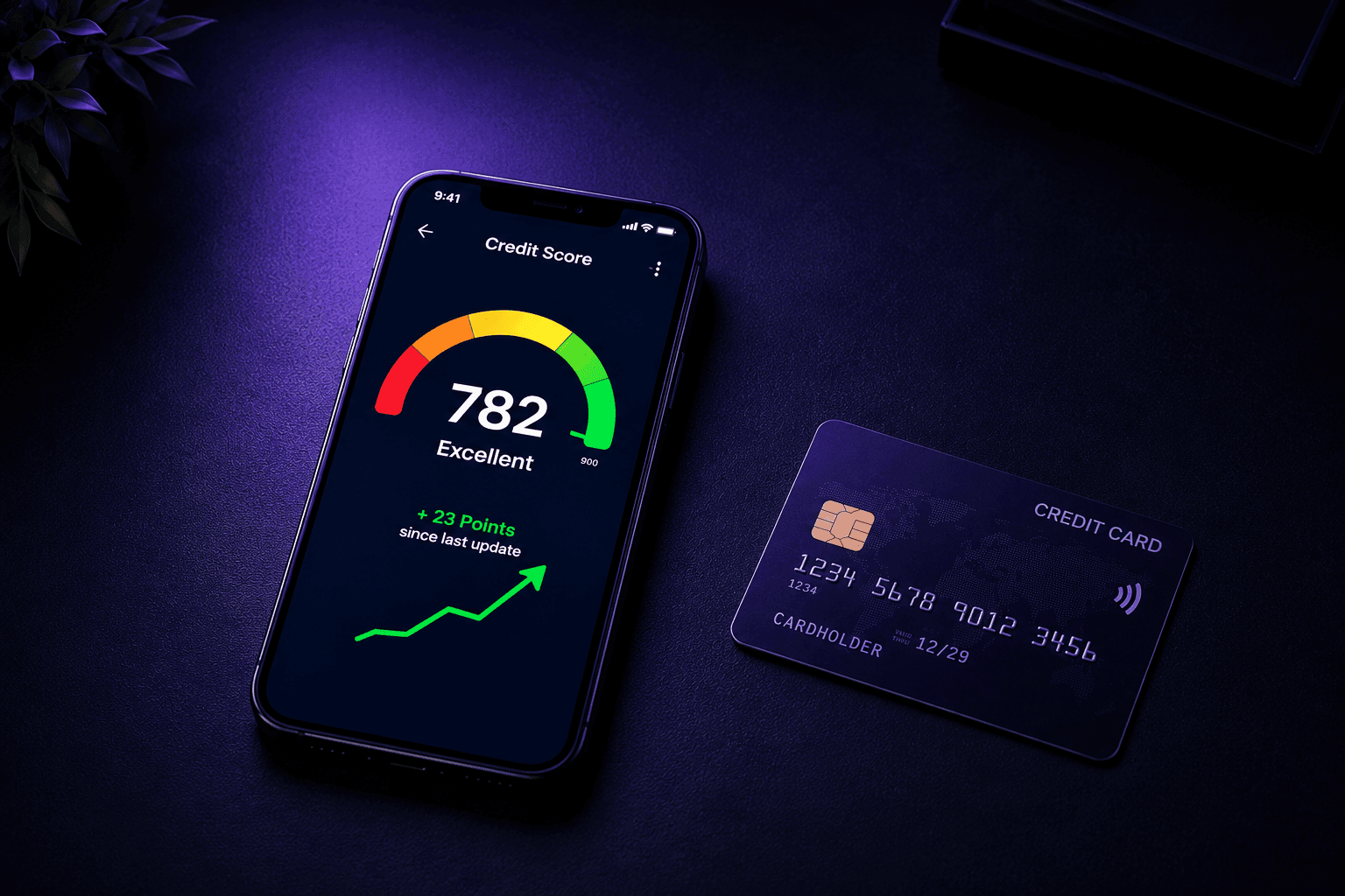 Credit score app displaying an excellent score of 782 on a smartphone screen next to a credit card.