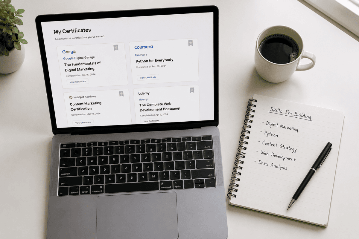 Digital marketing certification displayed on laptop with notes on skills and strategies.