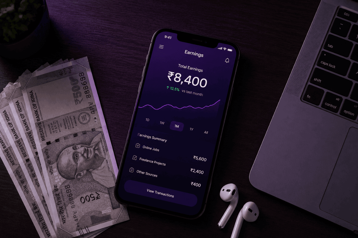 Mobile phone displaying earnings dashboard with Indian currency, next to cash and laptop.