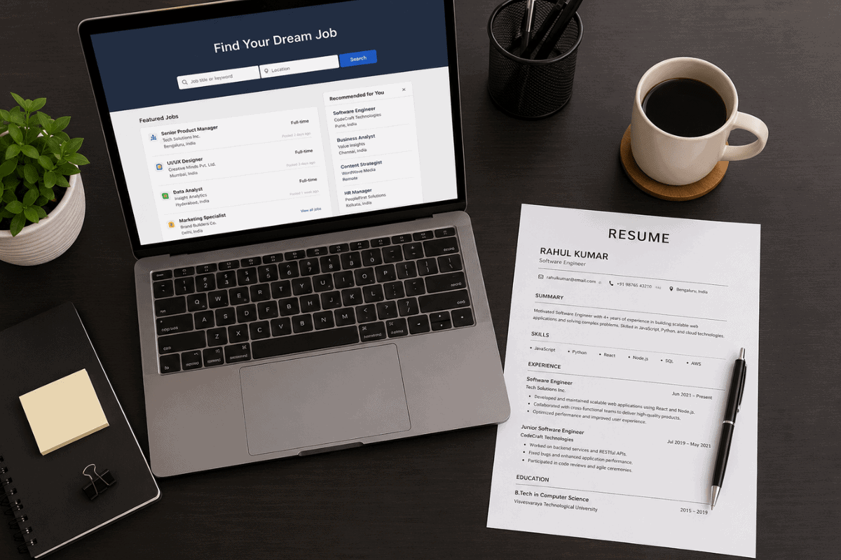 Laptop displaying job search website with resume and coffee on desk.