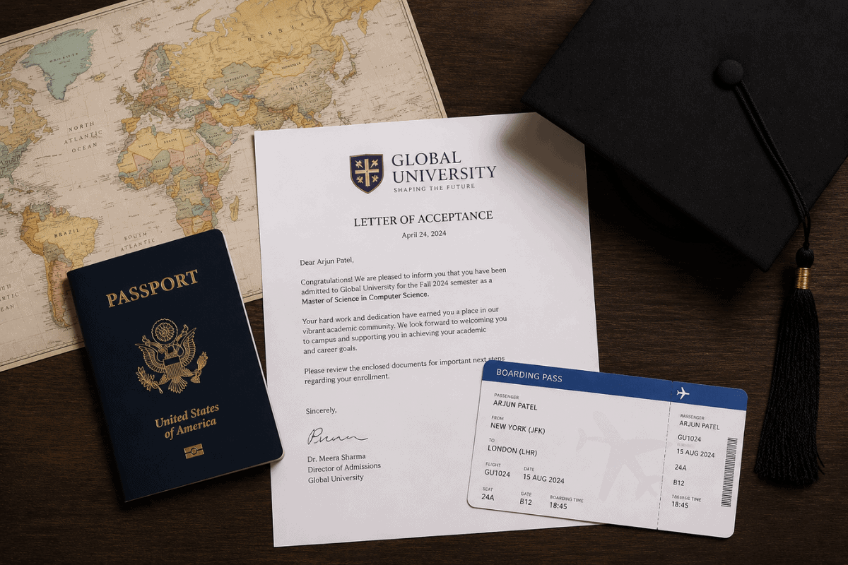 Acceptance letter and travel documents for international students at Global University.